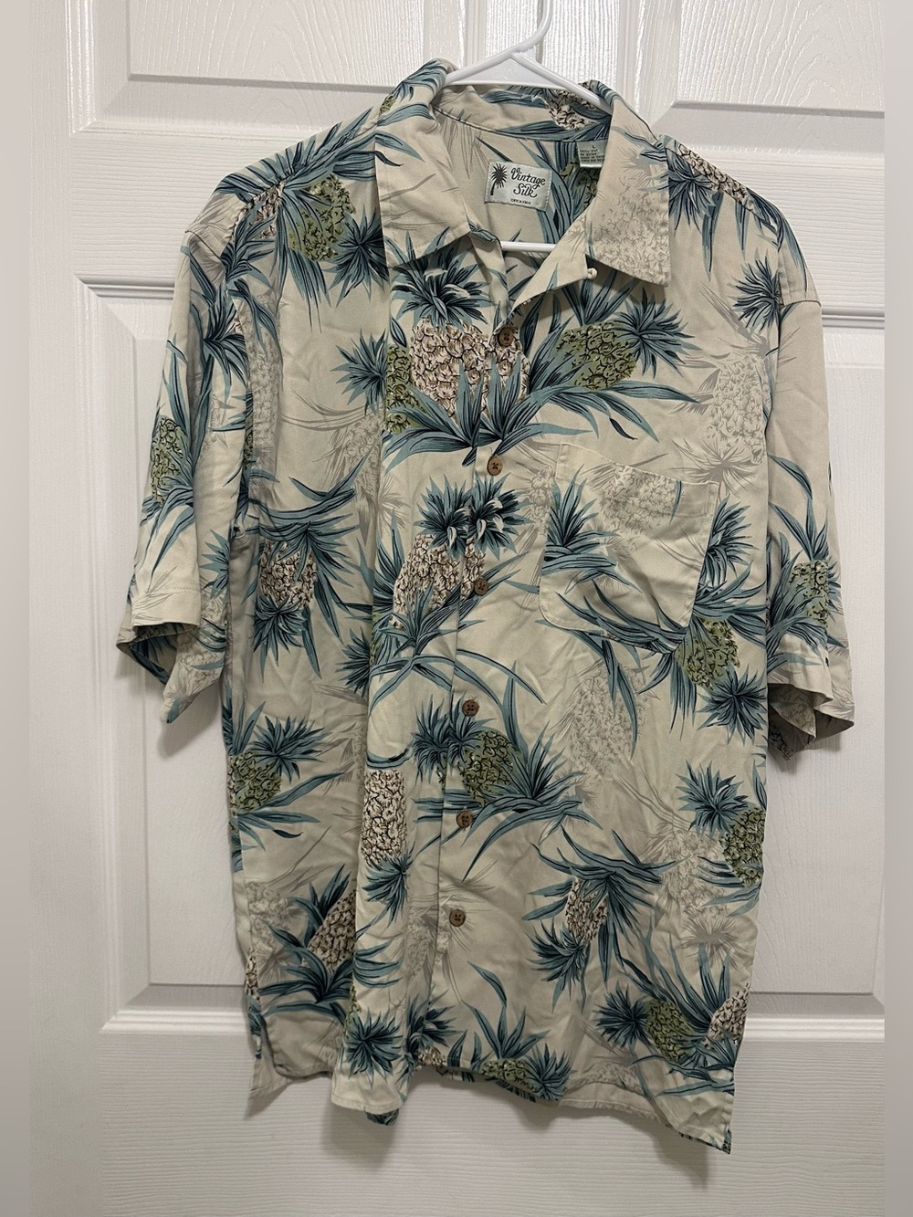 Vintage Pineapple Print Button-Down Shirt - Cream, Blue, Green